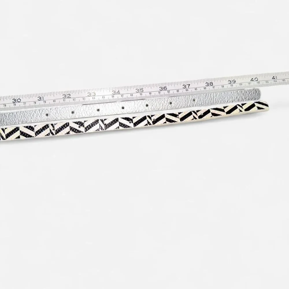 Y2K Madden Girl 2-Pack Skinny Fashion Belts, Silver Metallic and Black Geometric